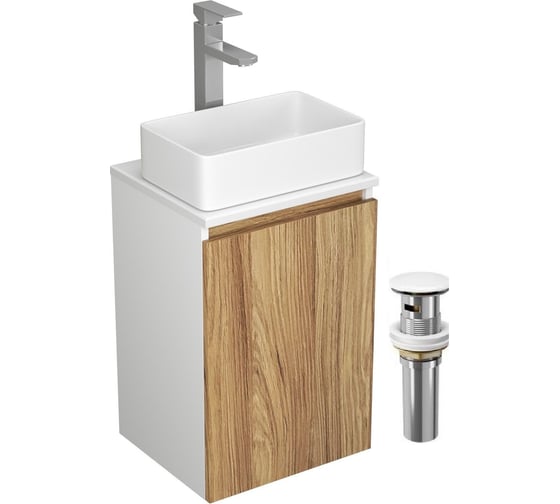 Комплект для ванной Bauedge 4 предмета (Тумба Bau Dream Blackwood 40, раковина BAU Mini 38x24, смеситель для раковины высокий Hotel Still, нержавеющая сталь, BD1527