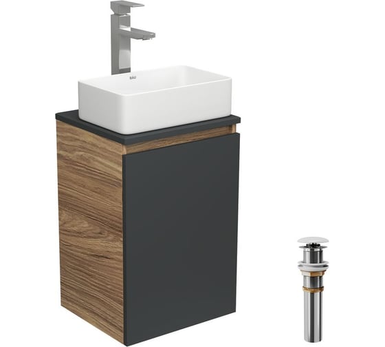Комплект для ванной Bauedge 4 предмета (тумба Bau 40, графит + раковина BAU Hotel mini 38x24 + смеситель Hotel Still, выпуск клик-клак, белый) BD1924