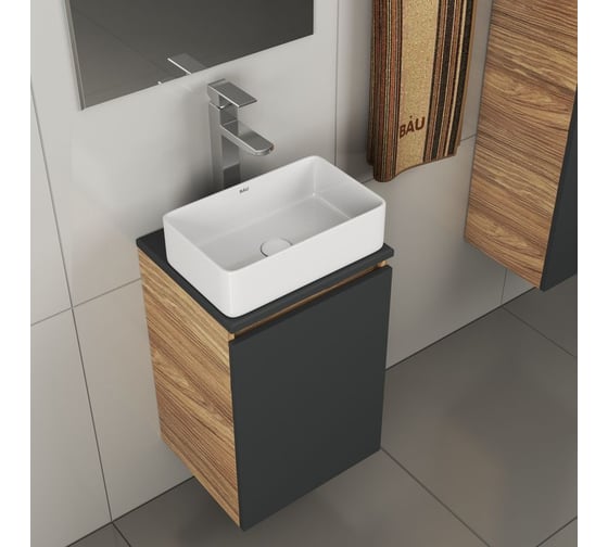 Комплект для ванной Bauedge 4 предмета (тумба Bau 40, графит + раковина BAU Hotel mini 38x24 + смеситель Hotel Still, выпуск клик-клак, белый) BD1924