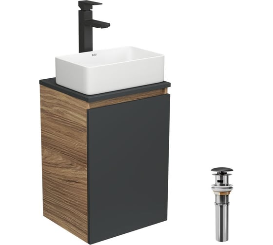 Комплект для ванной Bauedge 4 предмета (тумба Bau 40, графит + раковина BAU Hotel mini 38x24 + смеситель Hotel Black, выпуск клик-клак, черный) BD1925 1