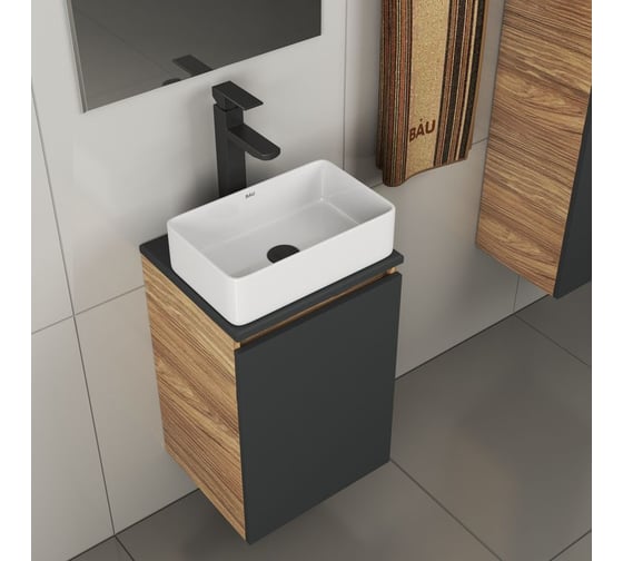 Комплект для ванной Bauedge 4 предмета (тумба Bau 40, графит + раковина BAU Hotel mini 38x24 + смеситель Hotel Black, выпуск клик-клак, черный) BD1925