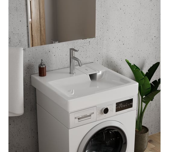 Комплект Bauedge BAU 4 в 1: раковина над стиральной машиной BAU Hotel 60х60, литьевой мрамор, кронштейны, сифон и смеситель Dream, нержавеющая сталь XMY0021