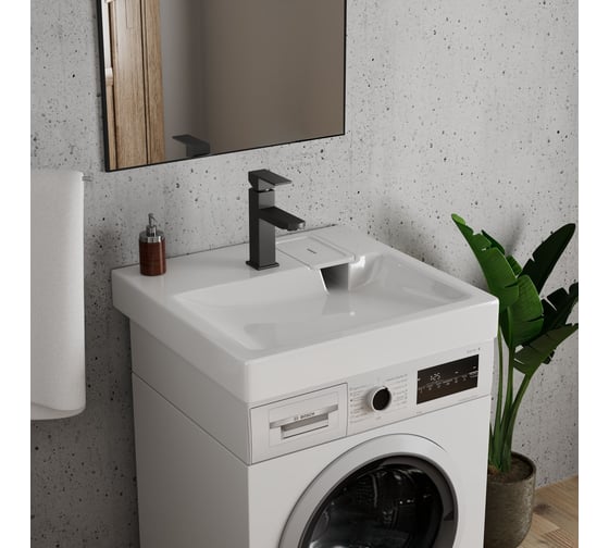 Комплект Bauedge BAU 4 в 1: раковина над стиральной машиной BAU Hotel 60х60, литьевой мрамор, кронштейны, сифон и смеситель Hotel Black, черный XMY0081