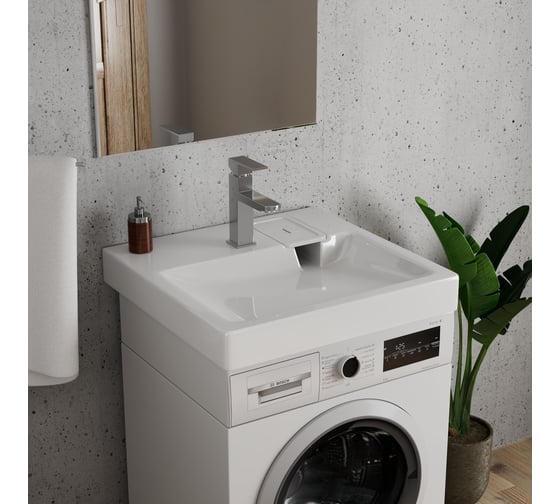 Комплект Bauedge BAU 4 в 1: раковина над стиральной машиной BAU Hotel 60х60, литьевой мрамор, кронштейны, сифон и смеситель Hotel Still, нержавеющая сталь XMY0061