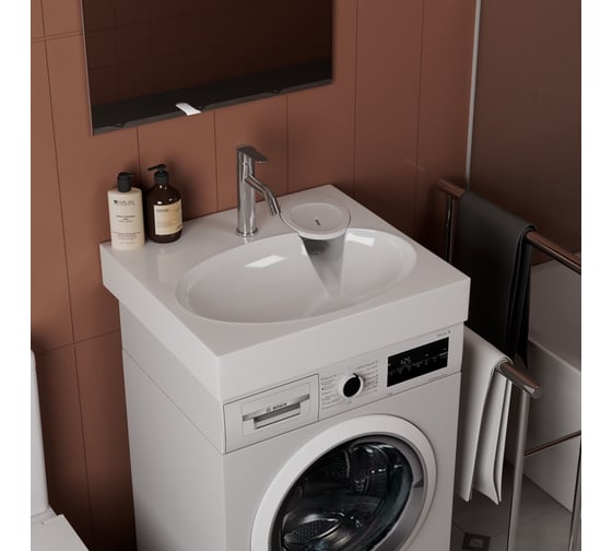 Комплект Bauedge BAU 4 в 1: раковина над стиральной машиной BAU Nimb 60х55, литьевой мрамор, кронштейны, сифон и смеситель Dream, нержавеющая сталь XMY0034