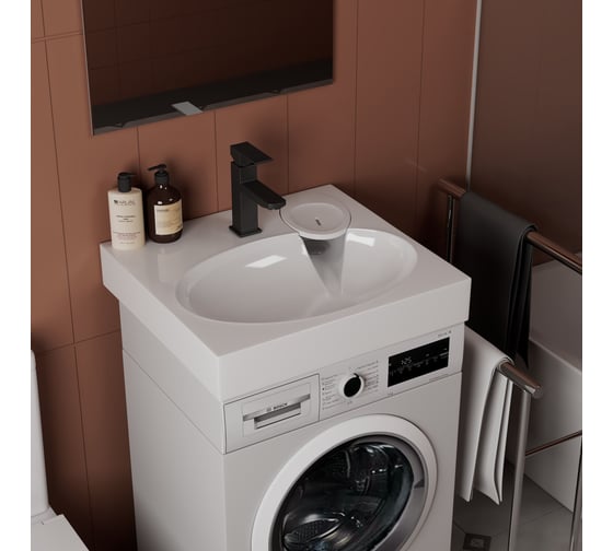 Комплект Bauedge BAU 4 в 1: раковина над стиральной машиной BAU Nimb 60х55, литьевой мрамор, кронштейны, сифон и смеситель Hotel Black, черный XMY0094