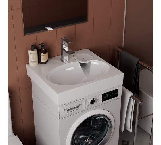 Комплект Bauedge BAU 4 в 1: раковина над стиральной машиной BAU Nimb 60х55, литьевой мрамор, кронштейны, сифон и смеситель Hotel Still, нержавеющая сталь XMY0074