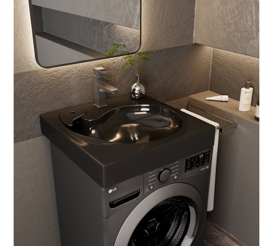 Комплект Bauedge BAU 4 в 1: раковина над стиральной машиной BAU Omega 60х60, литьевой мрамор, антрацит, кронштейны, сифон и смеситель Hotel Still, нержавеющая сталь XMY0071