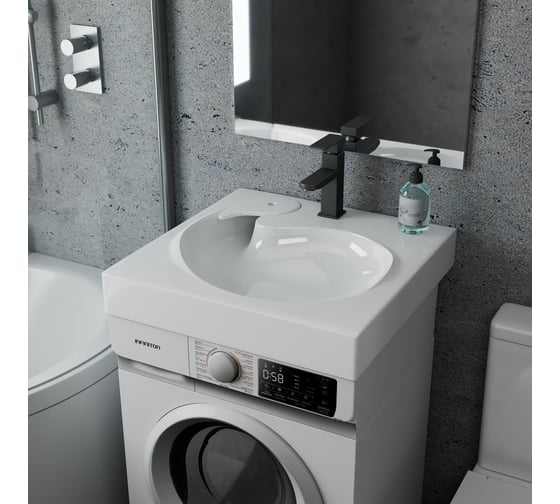 Комплект Bauedge BAU 4 в 1: раковина над стиральной машиной BAU Omega 60х60, литьевой мрамор, кронштейны, сифон и смеситель Hotel Black, черный XMY0090