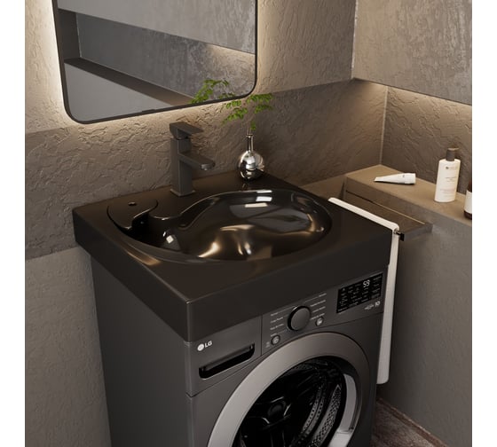 Комплект Bauedge BAU 4 в 1: раковина над стиральной машиной BAU Omega 60х60, литьевой мрамор, антрацит, кронштейны, сифон и смеситель Hotel Black, черный XMY0091