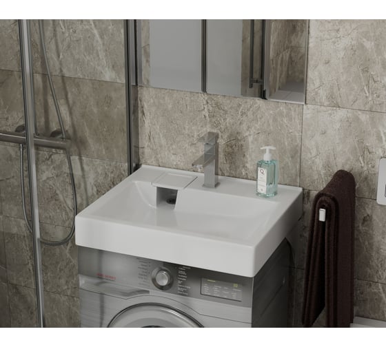 Комплект Bauedge BAU 4 в 1: раковина над стиральной машиной BAU Soul 60х50, литьевой мрамор, кронштейны, выпуск и смеситель Hotel Still, нержавеющая сталь XMY0120
