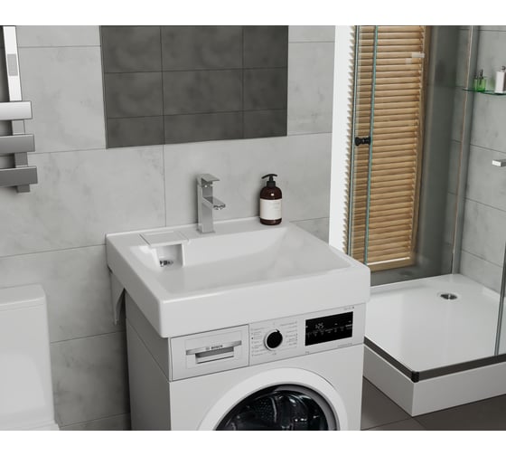 Комплект Bauedge BAU 4 в 1: раковина над стиральной машиной BAU Soul 60х60, литьевой мрамор, кронштейны, выпуск и смеситель Hotel Still, нержавеющая сталь XMY0121