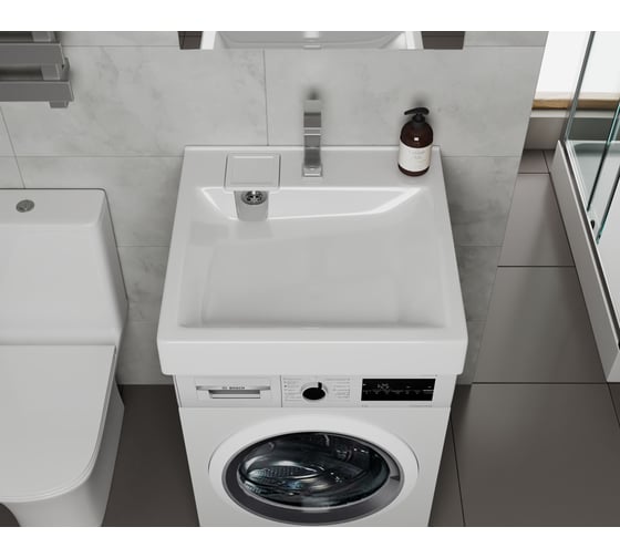 Комплект Bauedge BAU 4 в 1: раковина над стиральной машиной BAU Soul 60х60, литьевой мрамор, кронштейны, выпуск и смеситель Hotel Still, нержавеющая сталь XMY0121