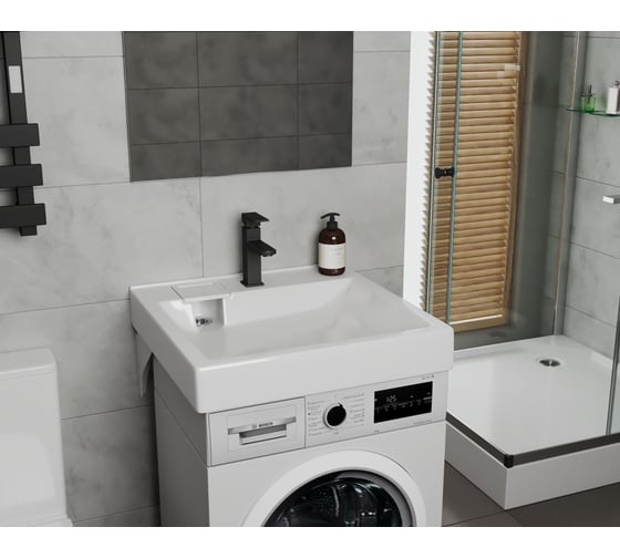 Комплект Bauedge BAU 4 в 1: раковина над стиральной машиной BAU Soul 60х60, литьевой мрамор, кронштейны, выпуск и смеситель Hotel Black, черный XMY0126