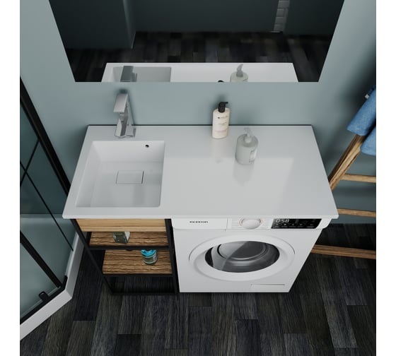 Комплект Bauedge BAU 4 в 1: раковина над стиральной машиной BAU Stil 100, литьевой мрамор, в комплекте с кронштейнами, донной крышкой и переливом, левая XMY0110