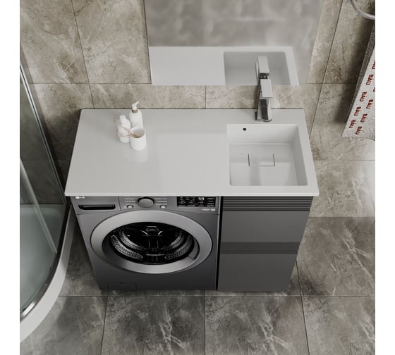 Комплект Bauedge BAU 4 в 1: раковина над стиральной машиной BAU Stil 100, литьевой мрамор, в комплекте с кронштейнами, донной крышкой и переливом, правая XMY0109