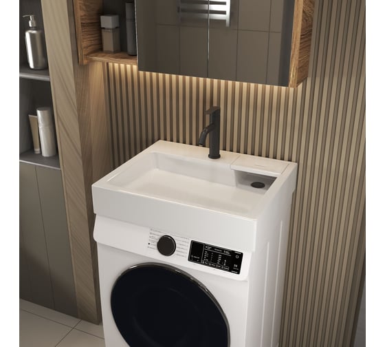 Комплект Bauedge BAU 4 в 1: раковина над стиральной машиной BAU Stil 60х50 литьевой мрамор, кронштейны, сифон и смеситель Dream Black, черный XMY0009