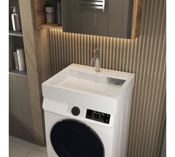 Комплект Bauedge BAU 4 в 1: раковина над стиральной машиной BAU Stil 60х50 литьевой мрамор, кронштейны, сифон и смеситель Dream, нержавеющая сталь XMY0029