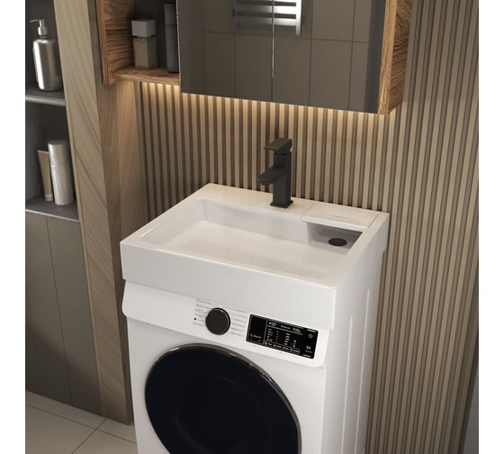 Комплект Bauedge BAU 4 в 1: раковина над стиральной машиной BAU Stil 60х50 литьевой мрамор, кронштейны, сифон и смеситель Hotel Black, черный XMY0089