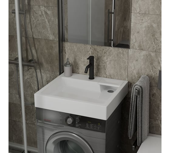 Комплект Bauedge BAU 4 в 1: раковина над стиральной машиной BAU Stil 60х55 литьевой мрамор, кронштейны, сифон и смеситель Dream Black, черный XMY0008