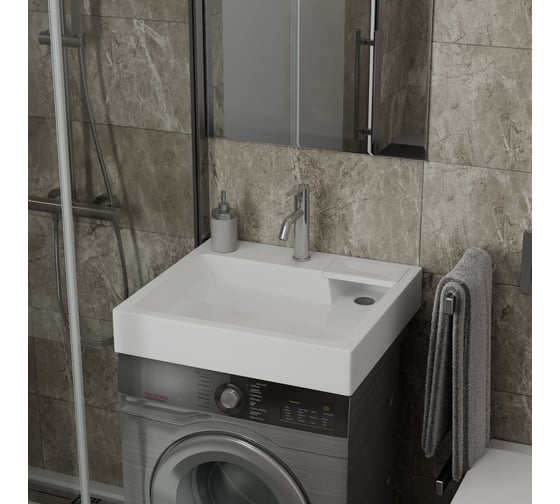 Комплект Bauedge BAU 4 в 1: раковина над стиральной машиной BAU Stil 60х55 литьевой мрамор, кронштейны, сифон и смеситель Dream, нержавеющая сталь XMY0028