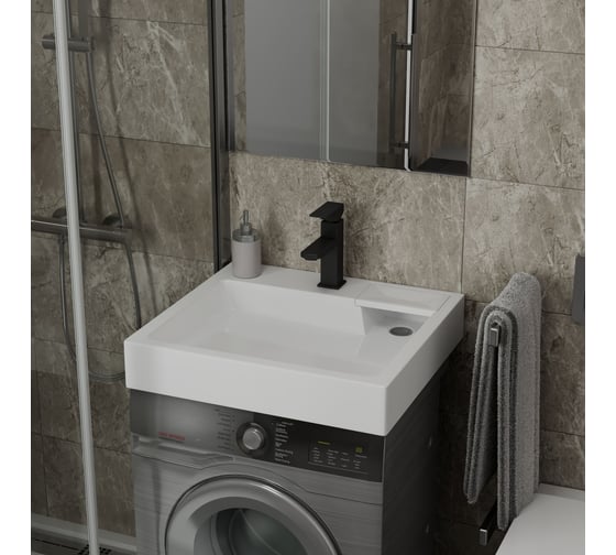 Комплект Bauedge BAU 4 в 1: раковина над стиральной машиной BAU Stil 60х55 литьевой мрамор, кронштейны, сифон и смеситель Hotel Black, черный XMY0088