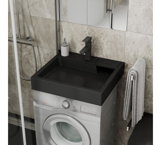 Комплект Bauedge BAU 4 в 1: раковина над стиральной машиной BAU Stil 60х55,цвет антрацит кронштейны, сифон и смеситель Hotel Black, черный XMY0112