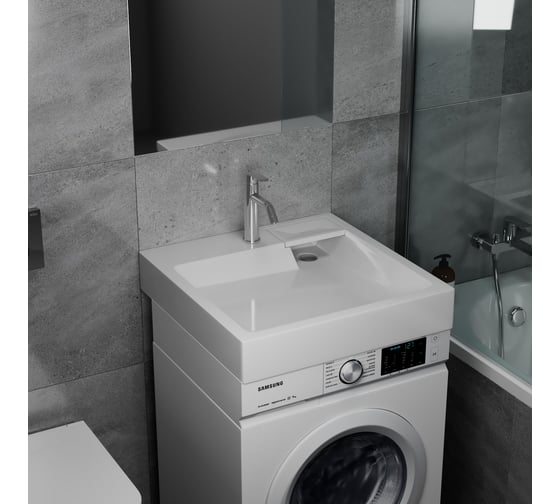 Комплект Bauedge BAU 4 в 1: раковина над стиральной машиной BAU Stil 60х60 литьевой мрамор, кронштейны, сифон и смеситель Dream, нержавеющая сталь XMY0027