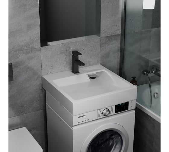 Комплект Bauedge BAU 4 в 1: раковина над стиральной машиной BAU Stil 60х60 литьевой мрамор, кронштейны, сифон и смеситель Hotel Black, черный XMY0087