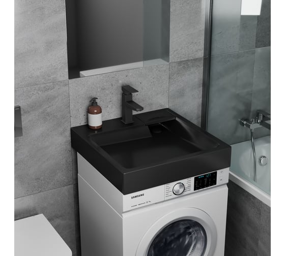 Комплект Bauedge BAU 4 в 1: раковина над стиральной машиной BAU Stil 60х60, цвет антрацит кронштейны, сифон и смеситель Hotel Black, черный XMY0113