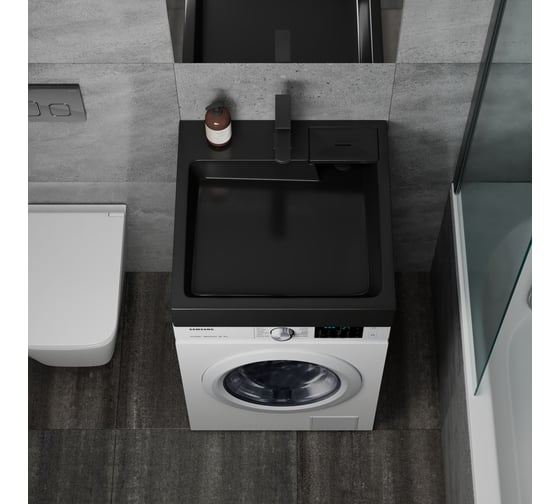 Комплект Bauedge BAU 4 в 1: раковина над стиральной машиной BAU Stil 60х60, цвет антрацит кронштейны, сифон и смеситель Hotel Black, черный XMY0113