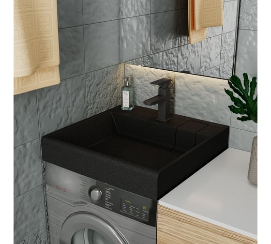 Комплект Bauedge BAU 4 в 1: раковина над стиральной машиной BAU Stil кварцевая, черный металлик, кронштейны, выпуск и смеситель Hotel Black, черный XMY0098