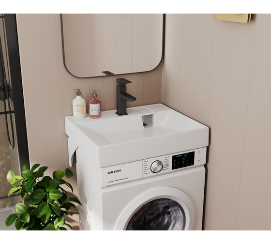 Комплект Bauedge BAU 4 в 1: раковина над стиральной машиной Cerama 60х50, литьевой мрамор, кронштейны, выпуск и смеситель Hotel Black, черный XMY0128