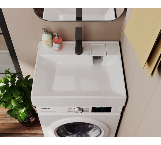 Комплект Bauedge BAU 4 в 1: раковина над стиральной машиной Cerama 60х50, литьевой мрамор, кронштейны, выпуск и смеситель Hotel Black, черный XMY0128