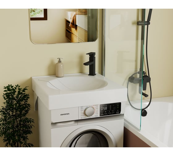 Комплект Bauedge BAU 4 в 1: раковина над стиральной машиной Element 60х60, литьевой мрамор, кронштейны, выпуск и смеситель Hotel Black, черный XMY0127