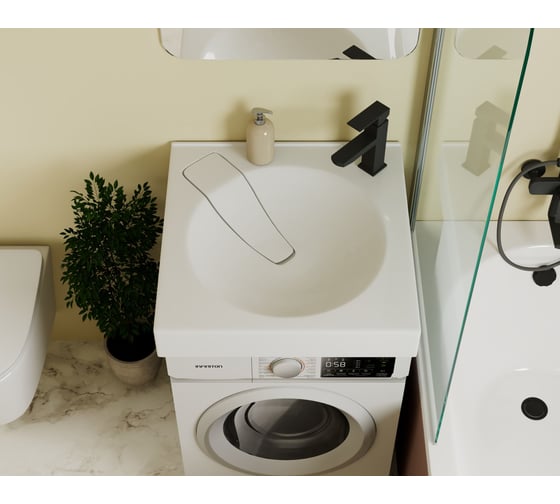 Комплект Bauedge BAU 4 в 1: раковина над стиральной машиной Element 60х60, литьевой мрамор, кронштейны, выпуск и смеситель Hotel Black, черный XMY0127