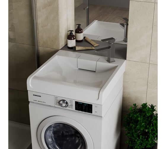 Комплект Bauedge BAU 4 в 1: раковина над стиральной машиной BAU Cerama 60х60 литьевой мрамор, кронштейны, сифон и смеситель Hotel Still, нержавеющая сталь XMY0072