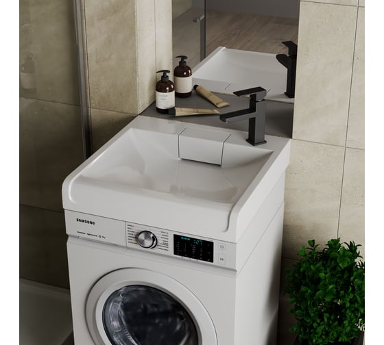 Комплект Bauedge BAU 4 в 1: раковина над стиральной машиной BAU Cerama 60х60 литьевой мрамор, кронштейны, сифон и смеситель Hotel Black, черный XMY0092