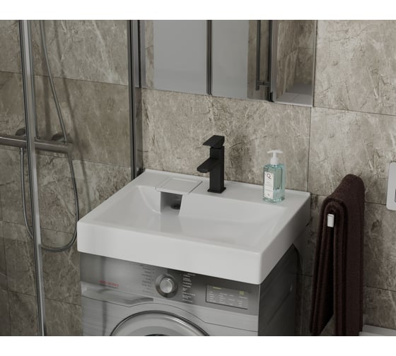Комплект Bauedge BAU 4 в 1: раковина над стиральной машиной BAU Cerama 60х60, литьевой мрамор, кронштейны, выпуск и смеситель Hotel Black, черный XMY0125