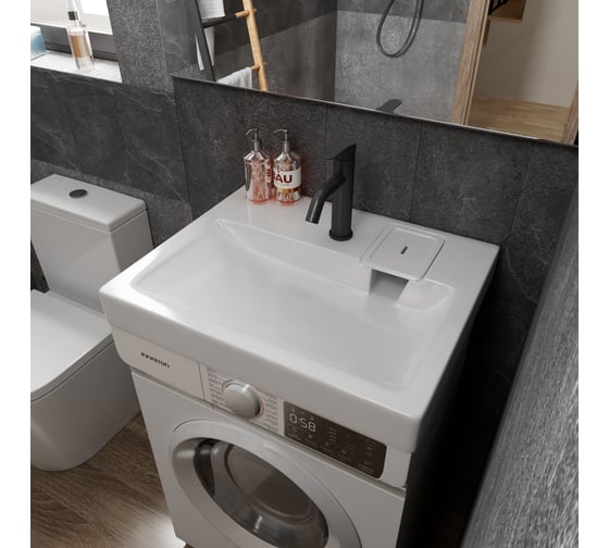 Комплект Bauedge BAU 4 в 1: раковина над стиральной машиной BAU Hotel 60х50 литьевой мрамор, кронштейны, сифон и смеситель Dream Black, черный XMY0003
