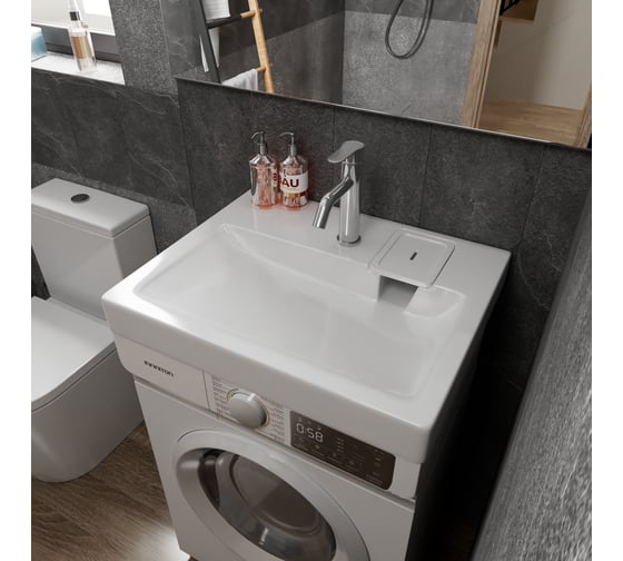 Комплект Bauedge BAU 4 в 1: раковина над стиральной машиной BAU Hotel 60х50 литьевой мрамор, кронштейны, сифон и смеситель Dream, нержавеющая сталь XMY0023