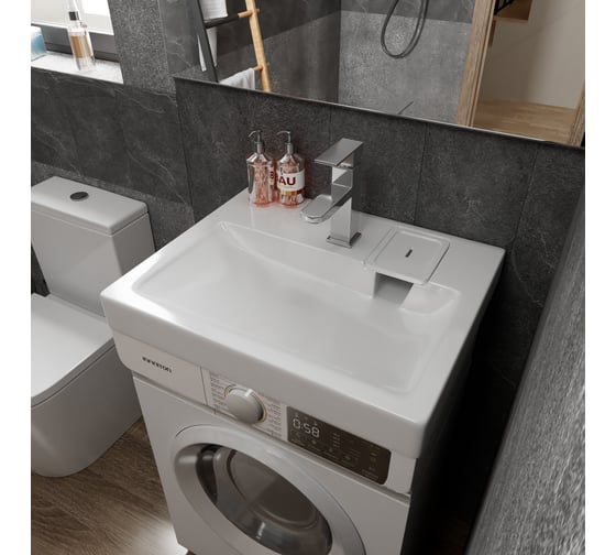 Комплект Bauedge BAU 4 в 1: раковина над стиральной машиной BAU Hotel 60х50 литьевой мрамор, кронштейны, сифон и смеситель Hotel Still, нержавеющая сталь XMY0063