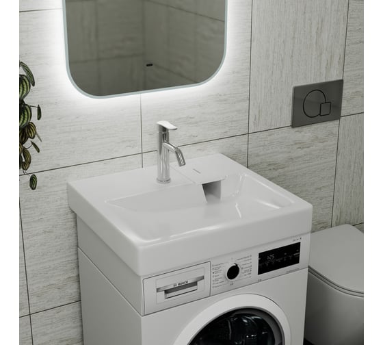 Комплект Bauedge BAU 4 в 1: раковина над стиральной машиной BAU Hotel 60х55 литьевой мрамор, кронштейны, сифон и смеситель Dream, нержавеющая сталь XMY0025