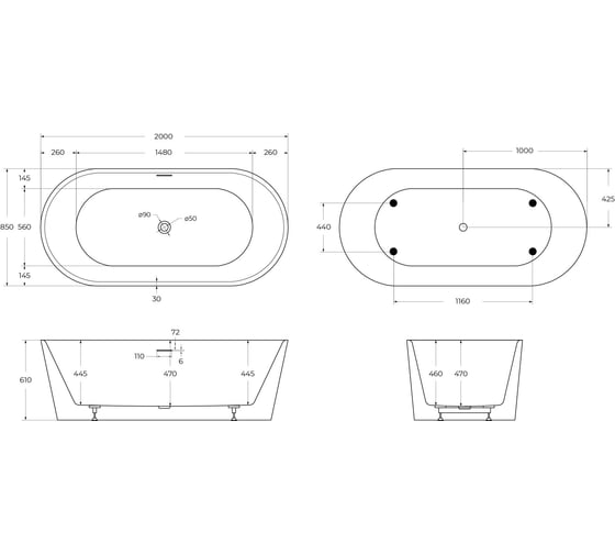 Акриловая ванна BelBagno BB416-2000-850