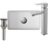 Раковина накладная Bauedge BAU Mini прямоугольный, 38x24 белый + смеситель для раковины высокий Hotel Still, выпуск клик клак BH1073