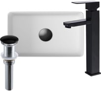 Раковина накладная Bauedge BAU Mini прямоугольный, 38x24 белый + смеситель для раковины высокий Hotel Black, черный, выпуск клик клак BH1072