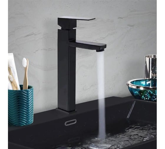 Раковина накладная Bauedge BAU Mini прямоугольный, 38x24 белый + смеситель для раковины высокий Hotel Black, черный, выпуск клик клак BH1072