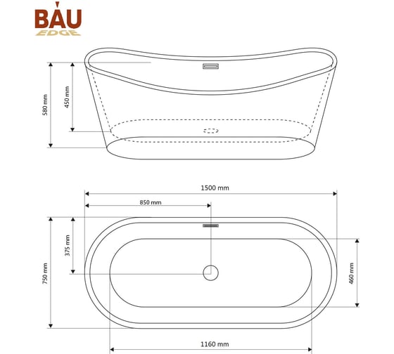 Ванна отдельностоящая акриловая Bauedge BAU Omega 1500x750 мм, белая, в комплекте со сливом-переливом TY1004