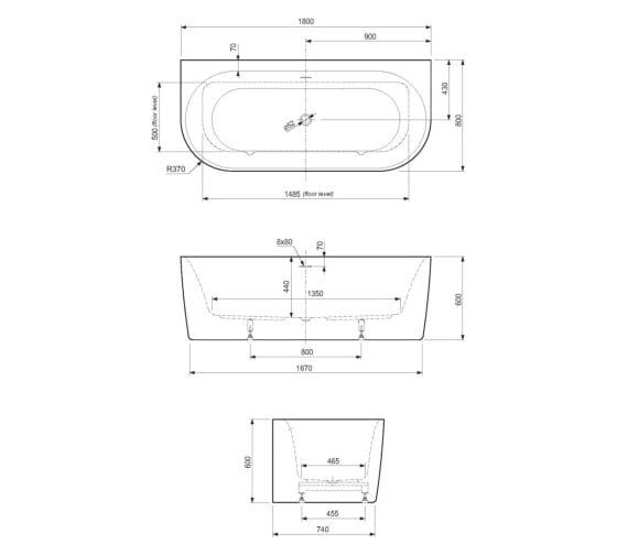 Акриловая ванна пристенная, цельная, белая матовая, Cezares METAURO-INT-Wall-180-80-60-W-MATT
