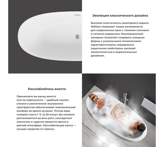 Отдельностоящая акриловая ванна Wellsee Blissl в наборе 4 в 1, экран, слив-перелив 28820103R